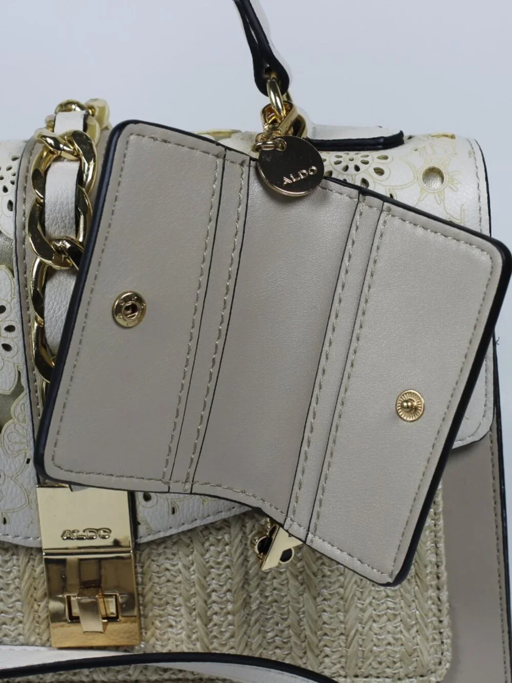 Aldo Beige Satchel Bag with Laser-Cut Floral Flap and Gold Chain